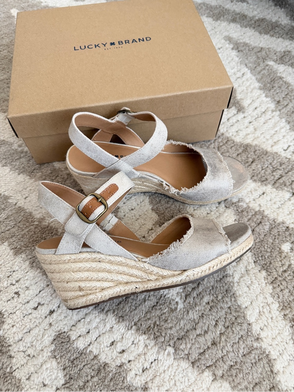 Lucky Brand Mindra Espadrille Wedge Sandal Natural Platinum Metallic Linen